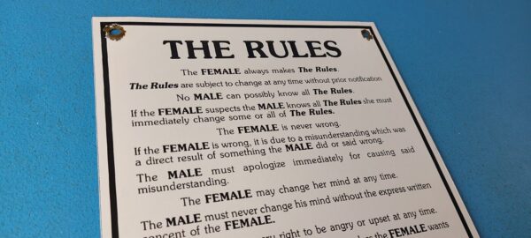 Vintage The Rules Porcelain Sign Man Cave Male Female Gas Pump Plate Sign 305699585293 4