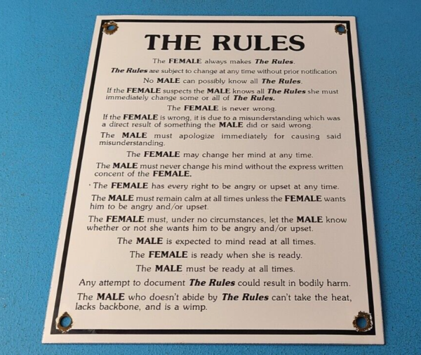 Vintage The Rules Porcelain Sign Man Cave Male Female Gas Pump Plate Sign 305699585293