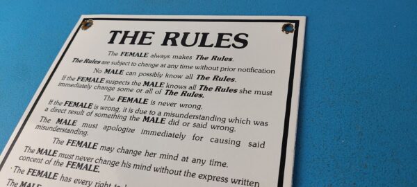 Vintage The Rules Porcelain Sign Man Cave Male Female Gas Pump Plate Sign 305699585293 7