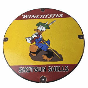 Vintage Winchester Porcelain Sign - Disney Duck Shot Gun Shells Gas Pump Sign