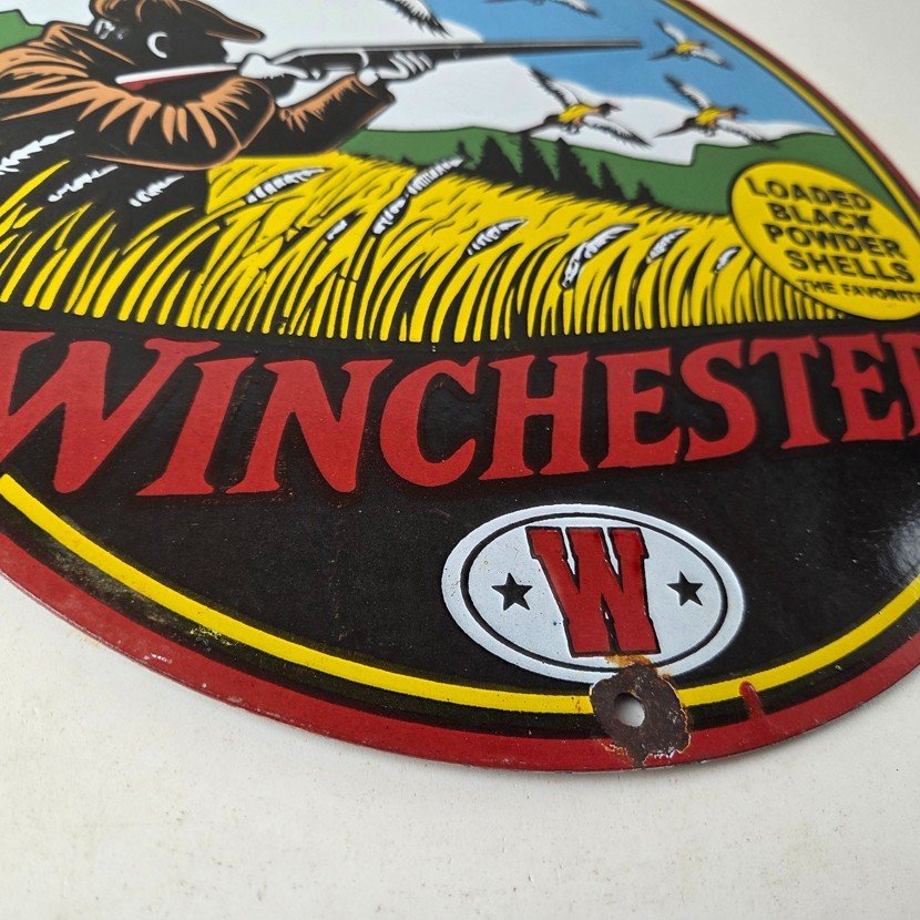 Vintage Winchester Porcelain Sign - Powder Shot Gun Shells Gas Pump Sign - Image 11