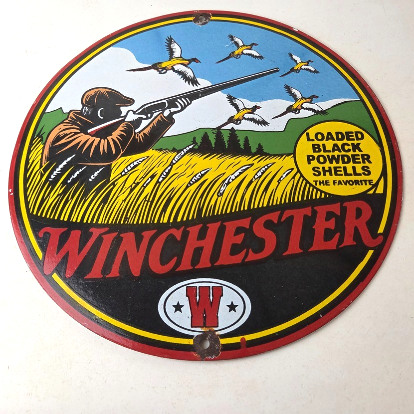 Vintage Winchester Porcelain Sign - Powder Shot Gun Shells Gas Pump Sign - Image 15