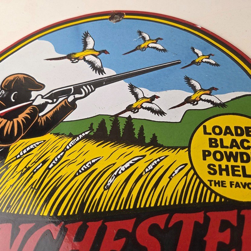 Vintage Winchester Porcelain Sign - Powder Shot Gun Shells Gas Pump Sign - Image 4