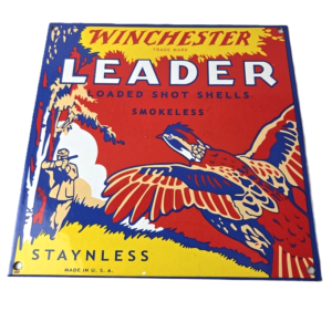 Vintage Winchester Sign - Leader Shot Gun Shells Hunting Gas Pump Porcelain Sign
