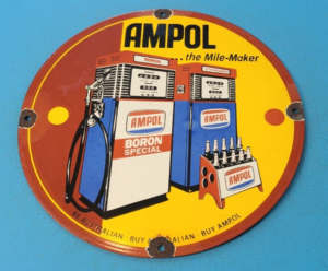 VINTAGE AMPOL GASOLINE PORCELAIN AUSTRALIAN GAS SERVICE STATION PUMP PLATE SIGN
