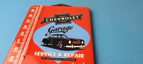 VINTAGE CHEVROLET PORCELAIN GARAGE GAS PUMP AD SALES SIGN ON SERVICE THERMOMETER 305692595294 11