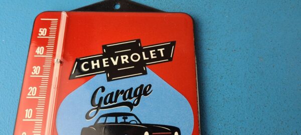 VINTAGE CHEVROLET PORCELAIN GARAGE GAS PUMP AD SALES SIGN ON SERVICE THERMOMETER 305692595294 2