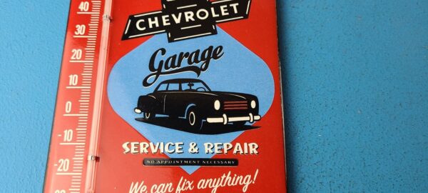 VINTAGE CHEVROLET PORCELAIN GARAGE GAS PUMP AD SALES SIGN ON SERVICE THERMOMETER 305692595294 3