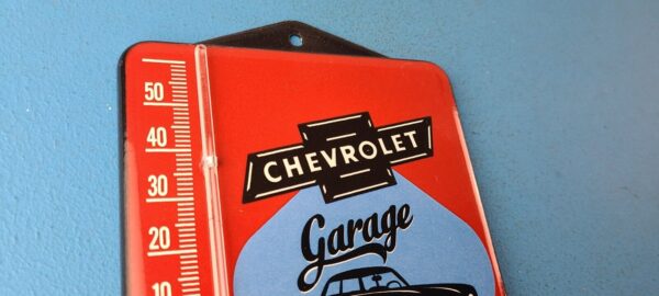 VINTAGE CHEVROLET PORCELAIN GARAGE GAS PUMP AD SALES SIGN ON SERVICE THERMOMETER 305692595294 4