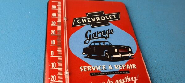 VINTAGE CHEVROLET PORCELAIN GARAGE GAS PUMP AD SALES SIGN ON SERVICE THERMOMETER 305692595294 5