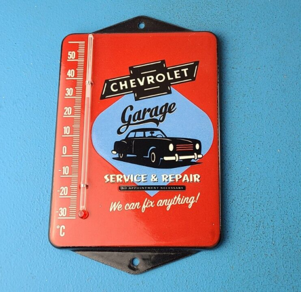 VINTAGE CHEVROLET PORCELAIN GARAGE GAS PUMP AD SALES SIGN ON SERVICE THERMOMETER 305692595294