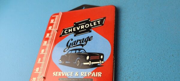 VINTAGE CHEVROLET PORCELAIN GARAGE GAS PUMP AD SALES SIGN ON SERVICE THERMOMETER 305692595294 8