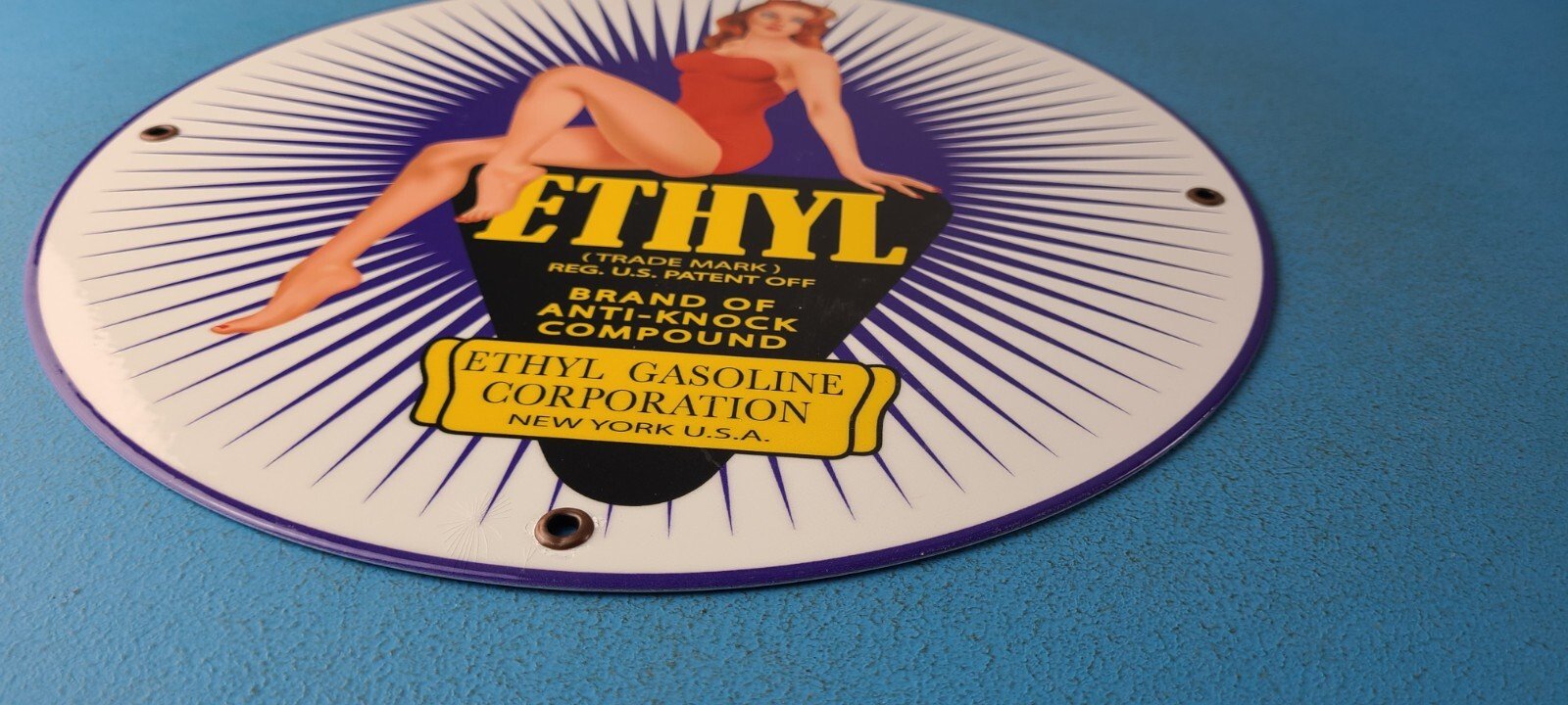 VINTAGE ETHYL GASOLINE PORCELAIN SERVICE STATION GAS PUMP PLATE SIGN - Image 11