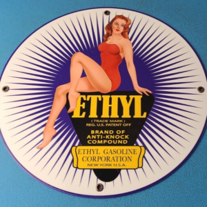 VINTAGE ETHYL GASOLINE PORCELAIN SERVICE STATION GAS PUMP PLATE SIGN