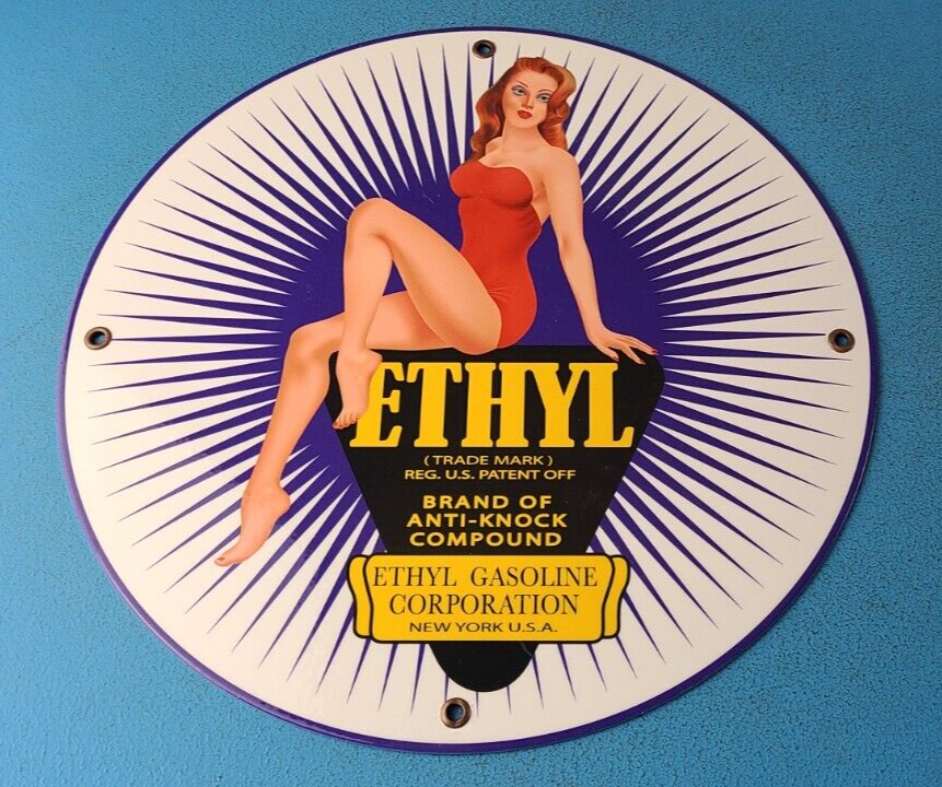 VINTAGE ETHYL GASOLINE PORCELAIN SERVICE STATION GAS PUMP PLATE SIGN
