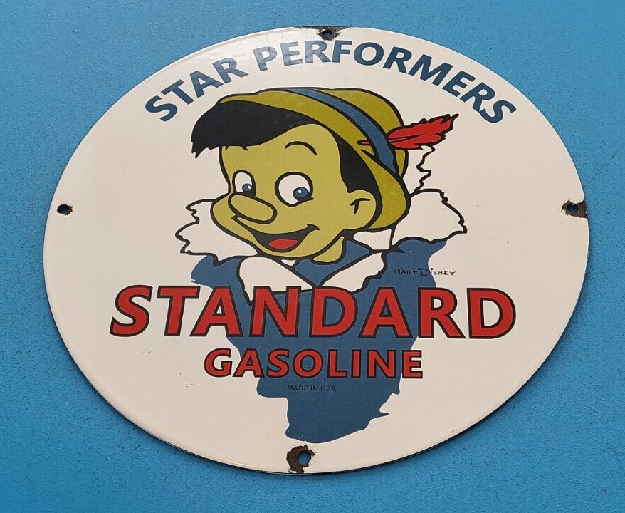 VINTAGE STANDARD GASOLINE PORCELAIN GAS STAR PERFORM PINOCCHIO WALT DISNEY SIGN 305152198904