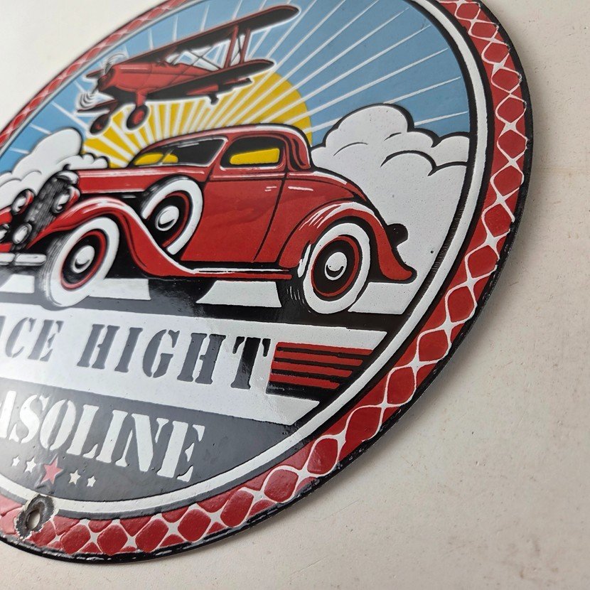 Vintage Ace High Gasoline Porcelain Sign - Hot Rod Plane Aviation Sign - Image 13