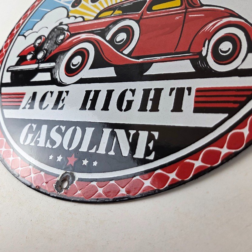 Vintage Ace High Gasoline Porcelain Sign - Hot Rod Plane Aviation Sign - Image 14