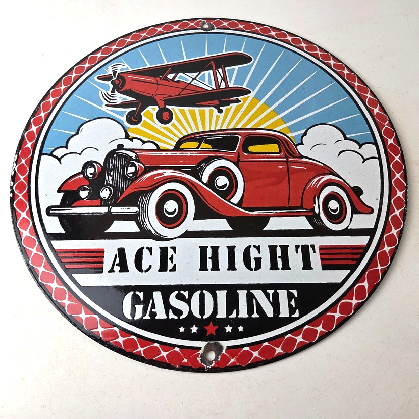 Vintage Ace High Gasoline Porcelain Sign - Hot Rod Plane Aviation Sign - Image 15