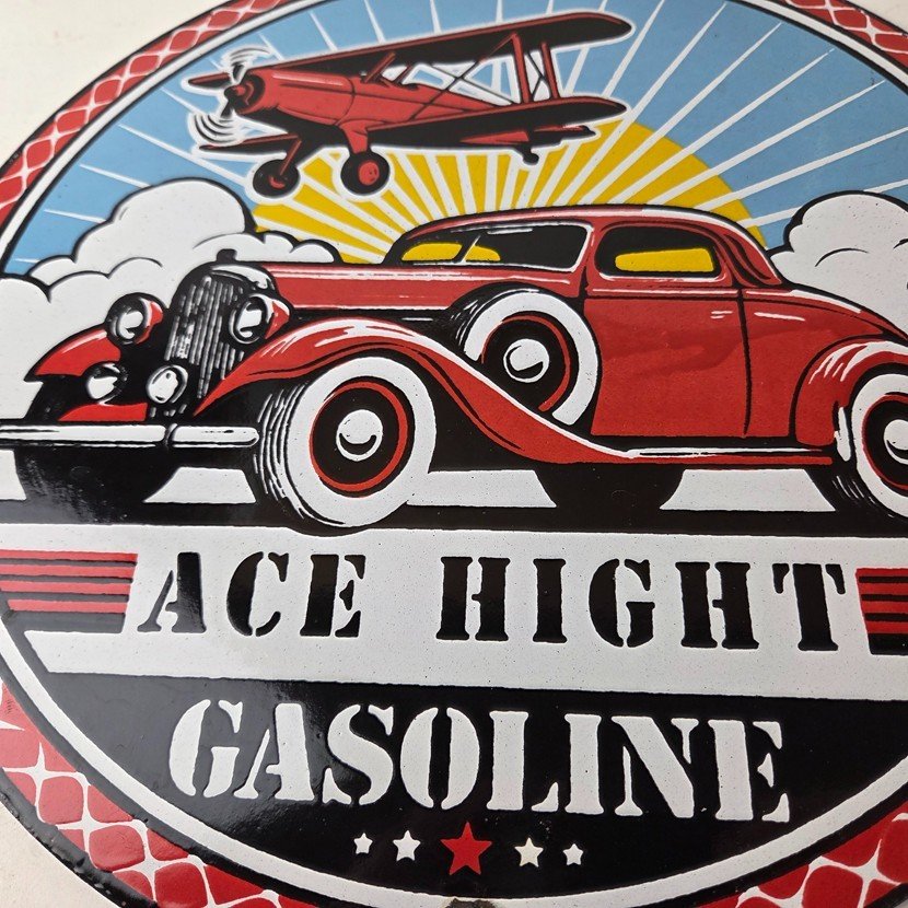 Vintage Ace High Gasoline Porcelain Sign - Hot Rod Plane Aviation Sign - Image 4