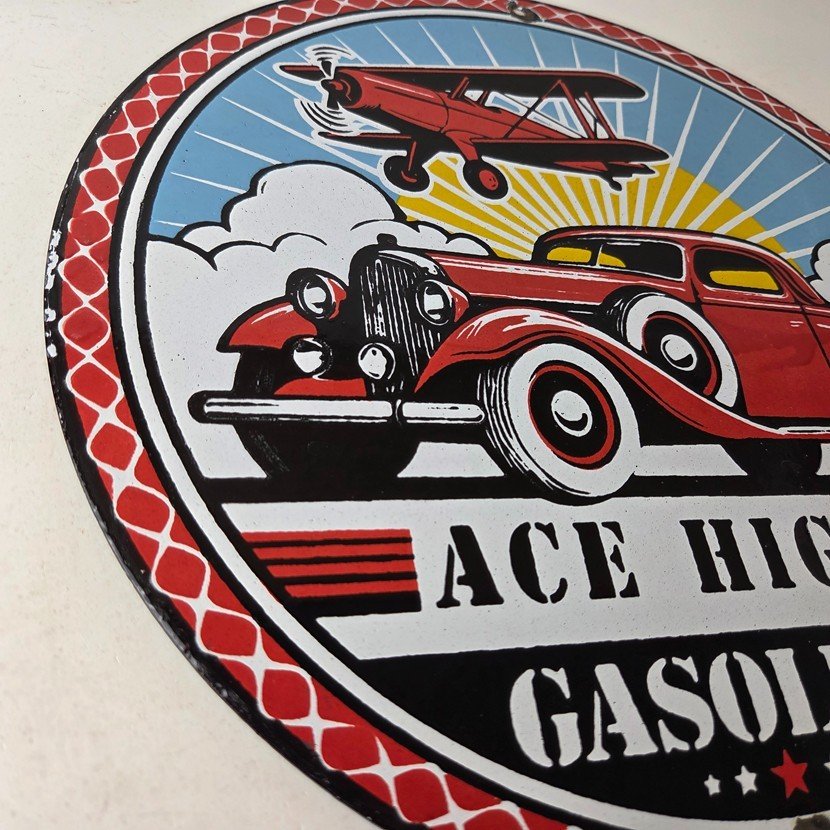 Vintage Ace High Gasoline Porcelain Sign - Hot Rod Plane Aviation Sign - Image 6