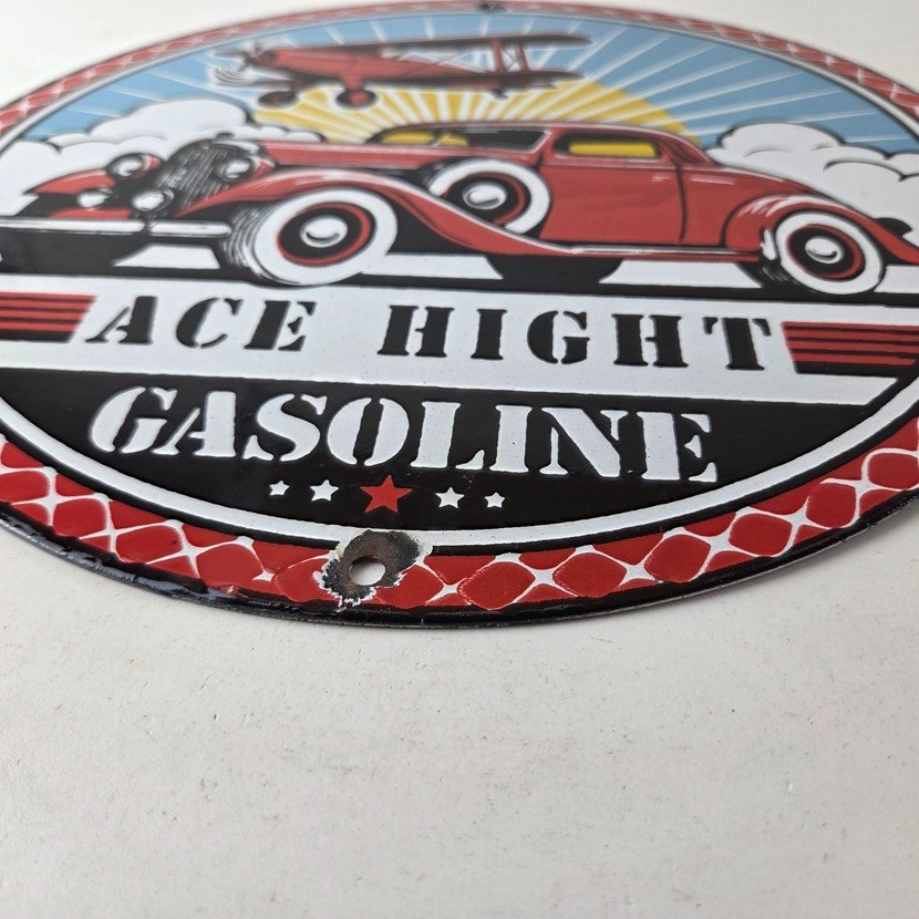 Vintage Ace High Gasoline Porcelain Sign - Hot Rod Plane Aviation Sign - Image 10