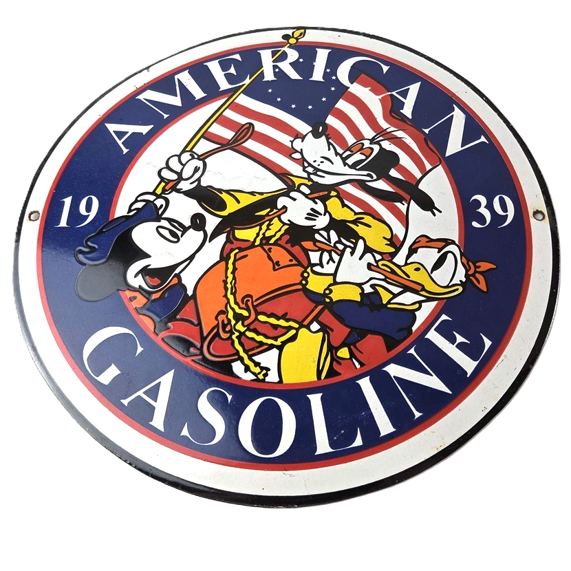 Vintage American Gasoline Porcelain Sign - Mickey Disney Gas Pump Plate Sign