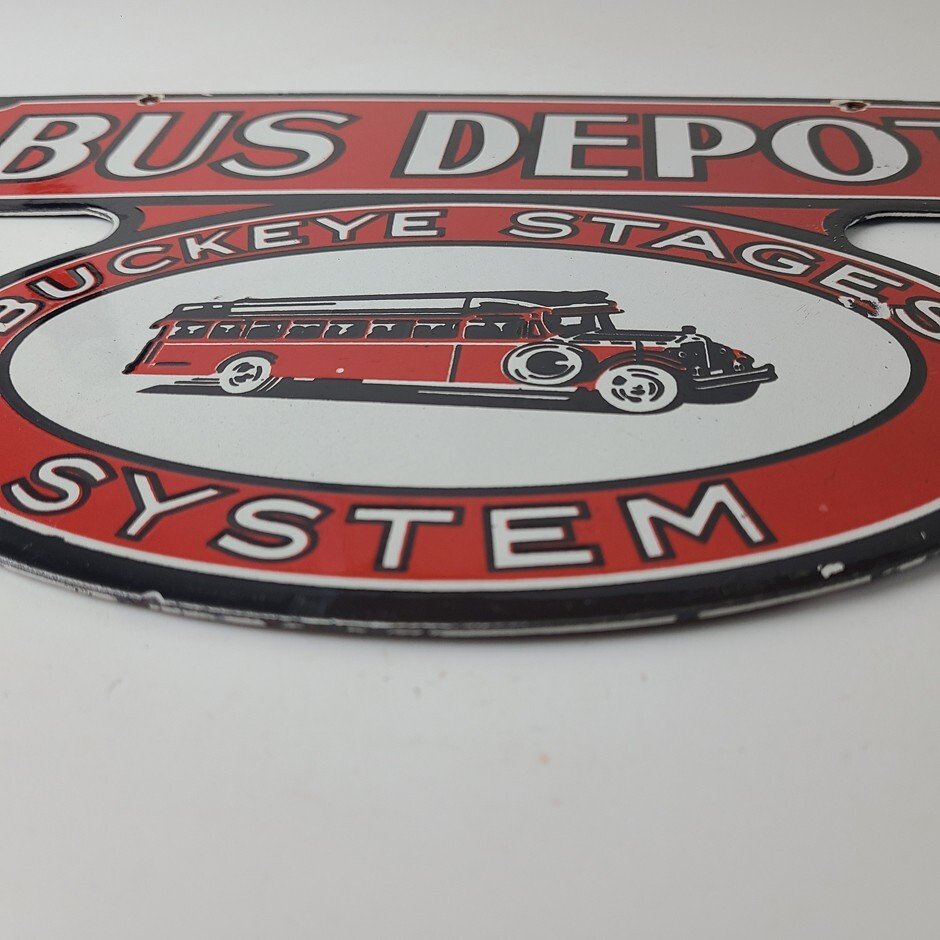 Vintage Bus Depot Stages Porcelain - Buckeye System Advertising Gas Pump Sign - Image 11