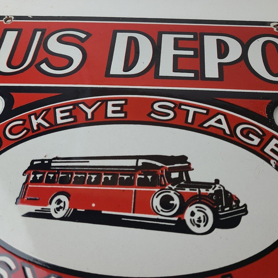 Vintage Bus Depot Stages Porcelain - Buckeye System Advertising Gas Pump Sign - Image 12