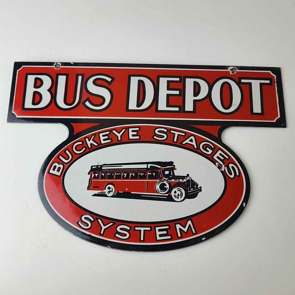 Vintage Bus Depot Stages Porcelain - Buckeye System Advertising Gas Pump Sign - Image 16