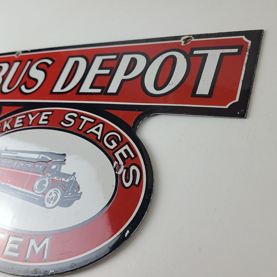 Vintage Bus Depot Stages Porcelain - Buckeye System Advertising Gas Pump Sign - Image 8