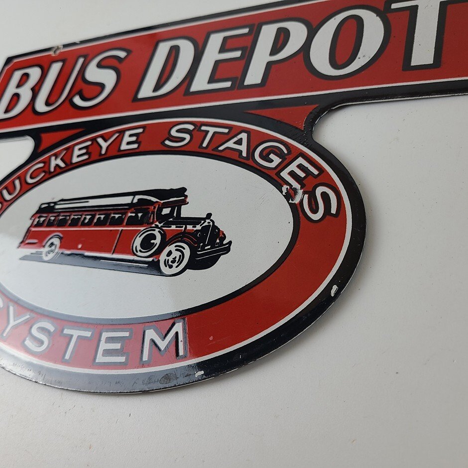 Vintage Bus Depot Stages Porcelain - Buckeye System Advertising Gas Pump Sign - Image 9