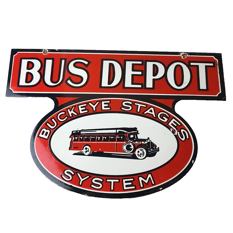 Vintage Bus Depot Stages Porcelain - Buckeye System Advertising Gas Pump Sign