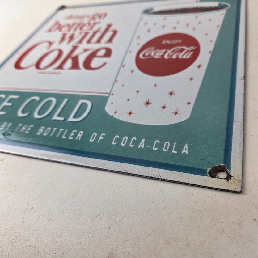 Vintage Coca Cola Porcelain Sign - Ice Cold Better Coke Gas Pump Service Sign - Image 14