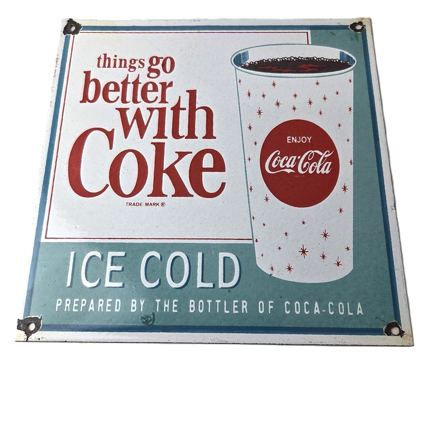 Vintage Coca Cola Porcelain Sign - Ice Cold Better Coke Gas Pump Service Sign