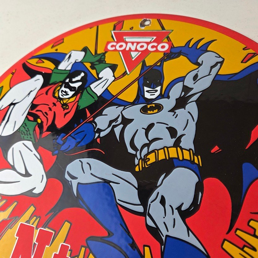 Vintage Conoco Gasoline Porcelain Sign - Batman Robin Comic Gas Pump Sign - Image 12