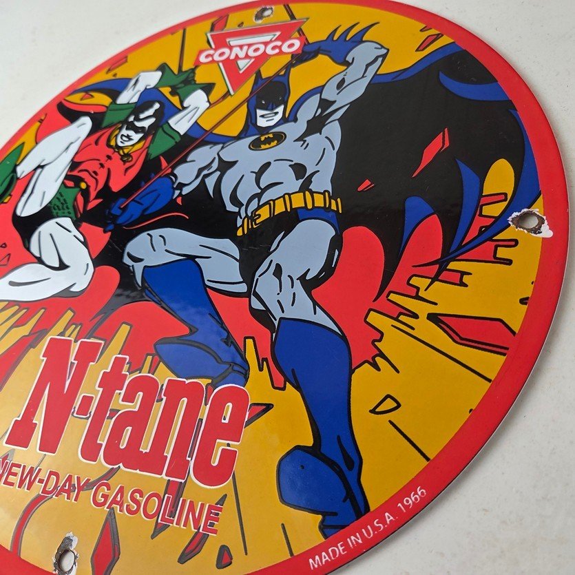 Vintage Conoco Gasoline Porcelain Sign - Batman Robin Comic Gas Pump Sign - Image 13