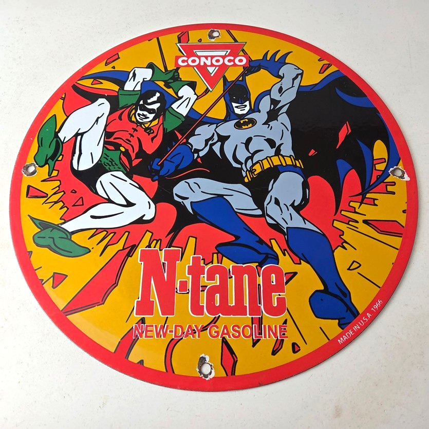 Vintage Conoco Gasoline Porcelain Sign - Batman Robin Comic Gas Pump Sign - Image 15