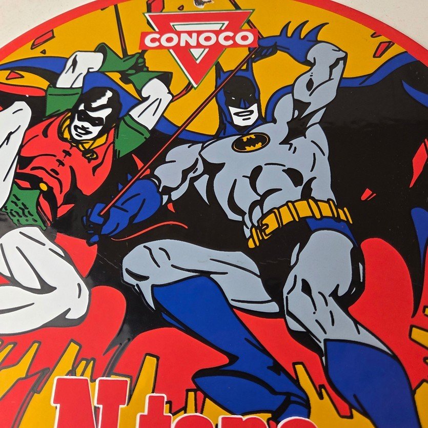 Vintage Conoco Gasoline Porcelain Sign - Batman Robin Comic Gas Pump Sign - Image 3