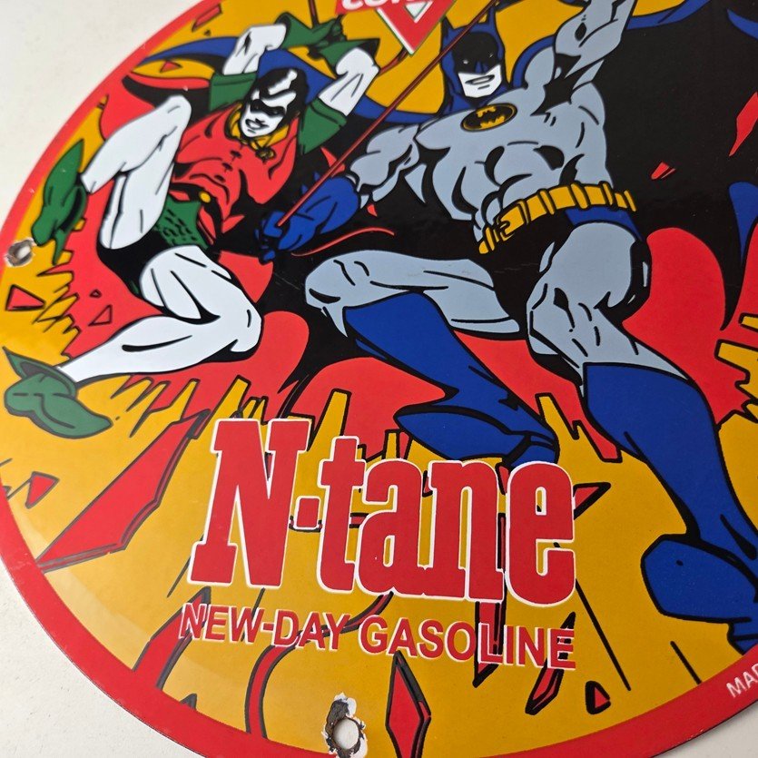 Vintage Conoco Gasoline Porcelain Sign - Batman Robin Comic Gas Pump Sign - Image 4