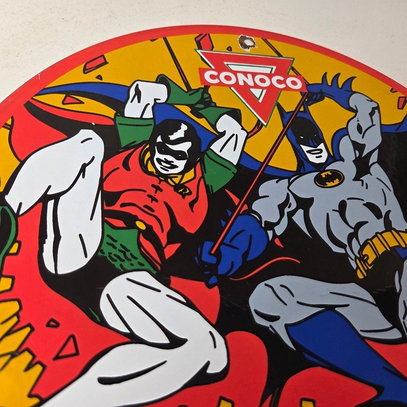 Vintage Conoco Gasoline Porcelain Sign - Batman Robin Comic Gas Pump Sign - Image 5