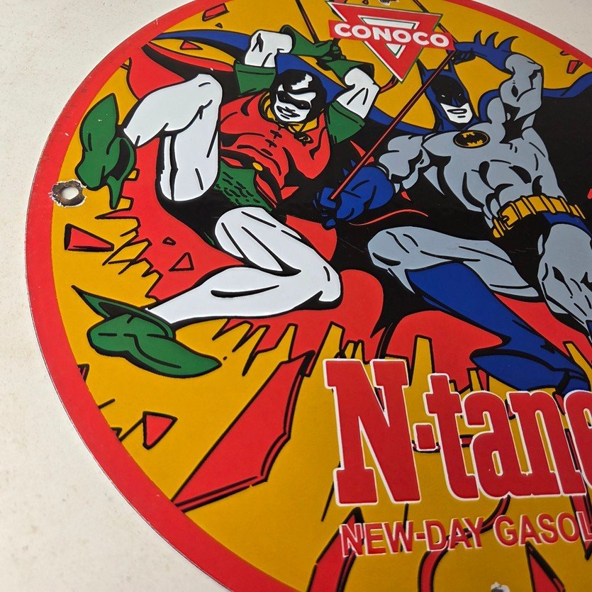 Vintage Conoco Gasoline Porcelain Sign - Batman Robin Comic Gas Pump Sign - Image 6