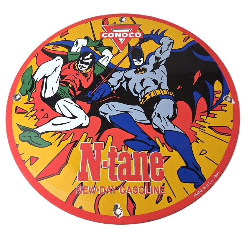 Vintage Conoco Gasoline Porcelain Sign - Batman Robin Comic Gas Pump Sign