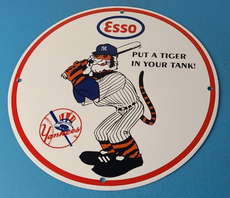 Vintage Esso Gasoline Sign Advertising Gas Pump Yankee Baseball Porcelain Sign 306071122604