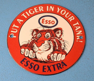 Vintage Esso Gasoline Sign Tiger Gas Service Station Auto Tank Porcelain Sign 305860744544