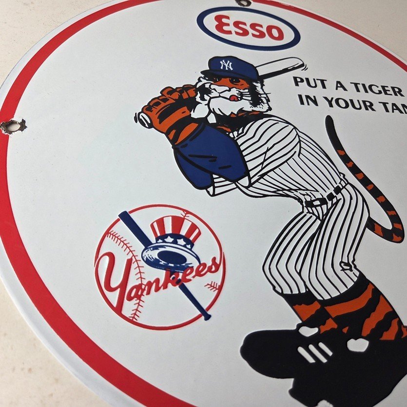 Vintage Esso Gasoline Sign - Yankees Gas Service Station Baseball Porcelain Sign - Image 6