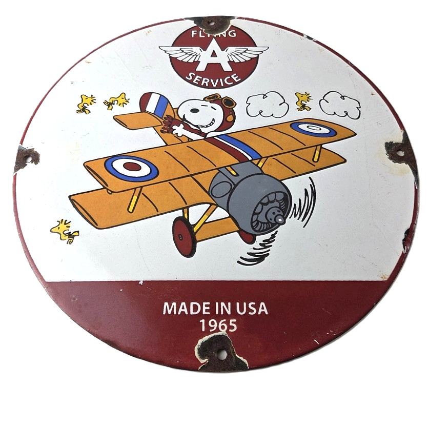 Vintage Flying A Gasoline Sign - Aviation Snoopy Porcelain Gas Pump Sign