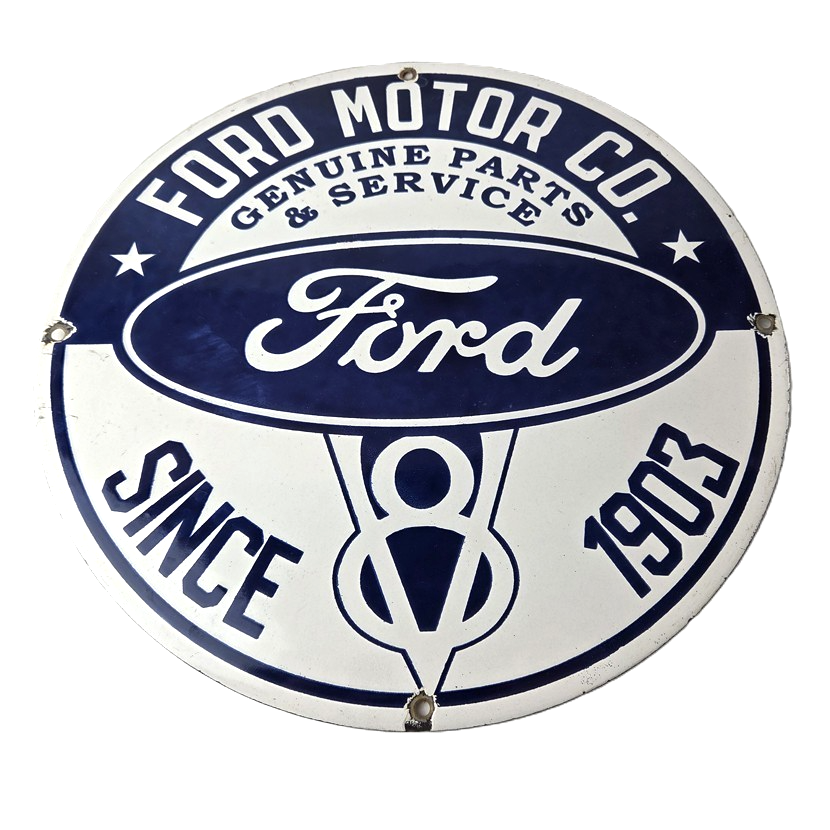 Vintage Ford Motors Sign - V8 Genuine Parts Service Dealership Porcelain Sign