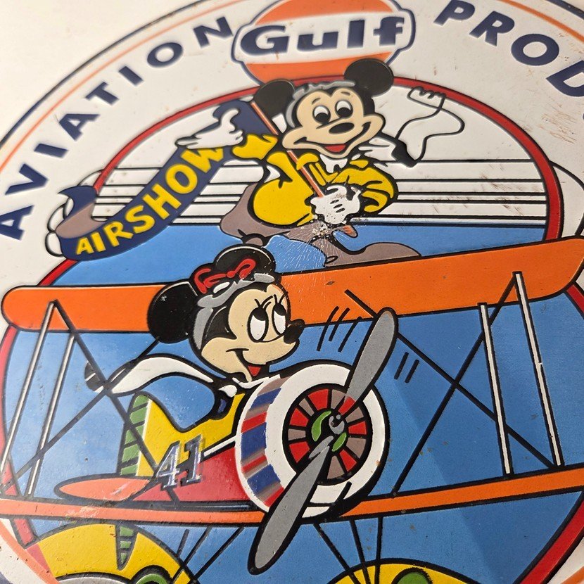 Vintage Gulf Aviation Mickey Minnie Porcelain Sign - Disney Airshow Sign - Image 4