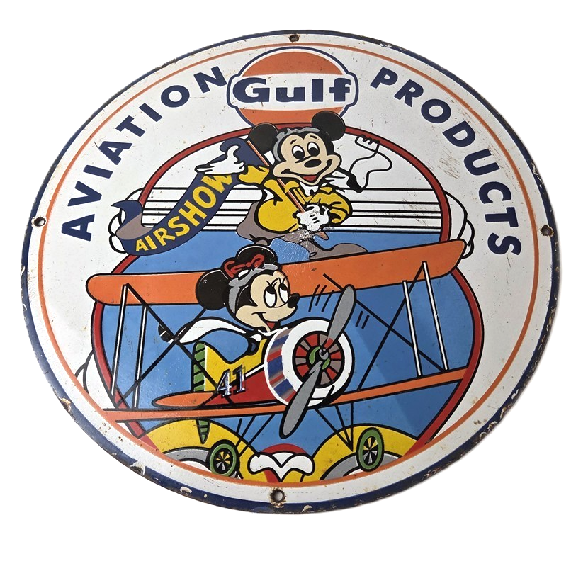 Vintage Gulf Aviation Mickey Minnie Porcelain Sign - Disney Airshow Sign